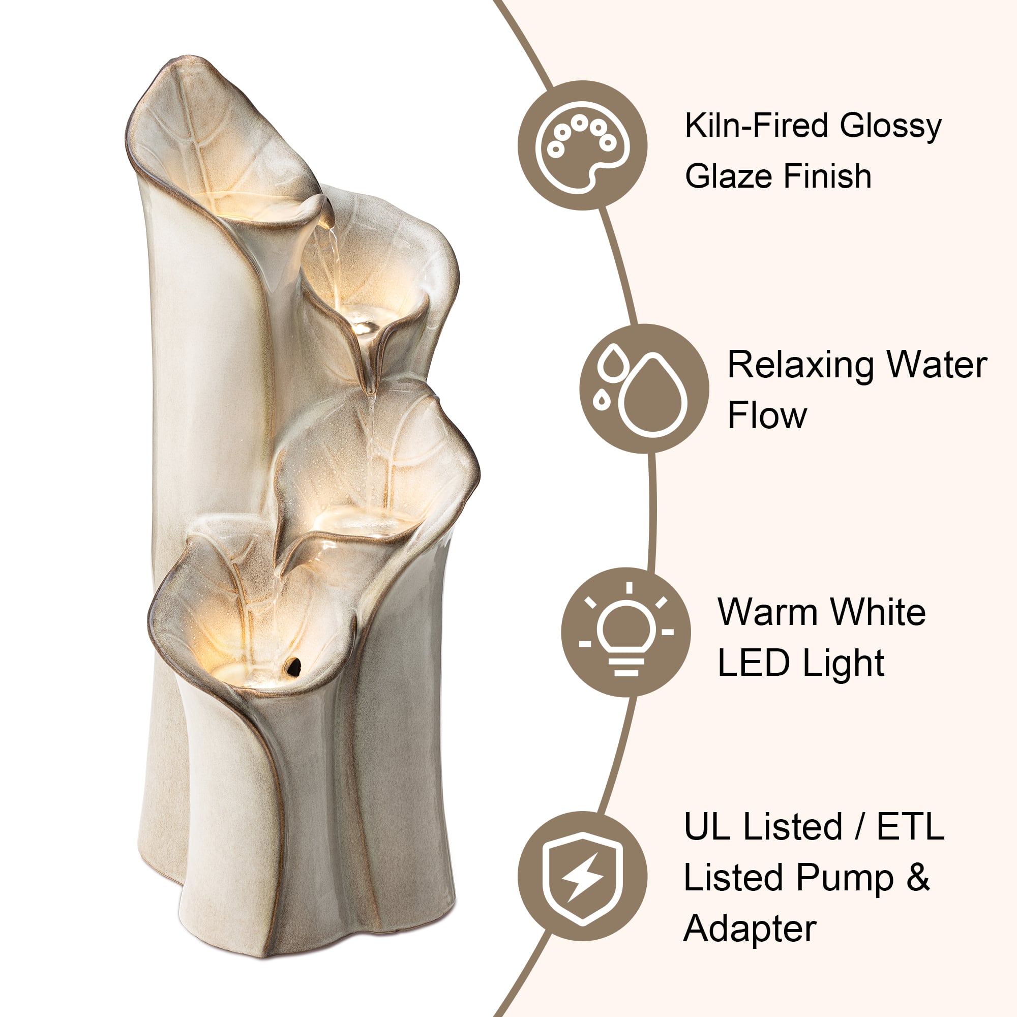 Glitzhome® 31.25" 4-Tier LED Lotus Leaf Textured Ceramic Vase Outdoor Floor Fountain